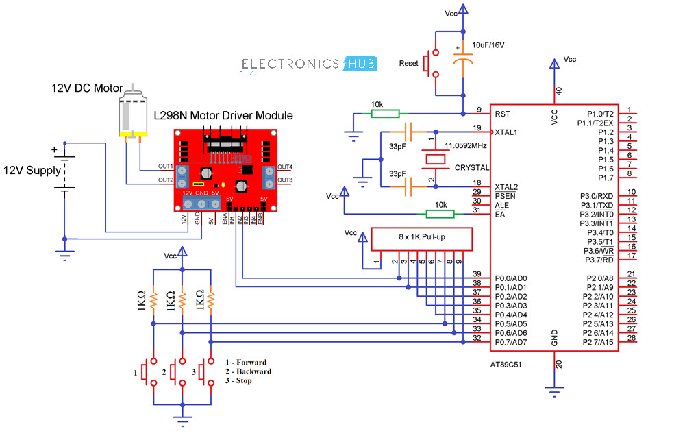 Interfacing DC Motor with 8051 Microcontroller using L298N Circuit Diagram