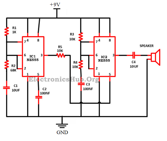 Police Siren Circuit using NE555 Timer Circuit Diagram Updated