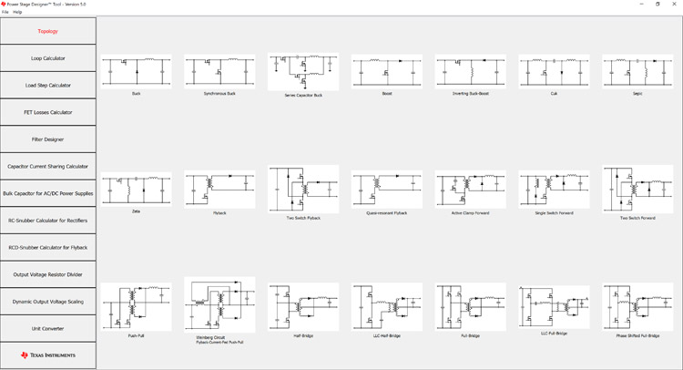 POWERSTAGE-DESIGNER Power Stage Designer™ software tool of most commonly used switch-mode power supplies start screen image